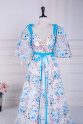 V-Neck Straps Floral Embroidery Long Prom Dress with Detachable Sleeves